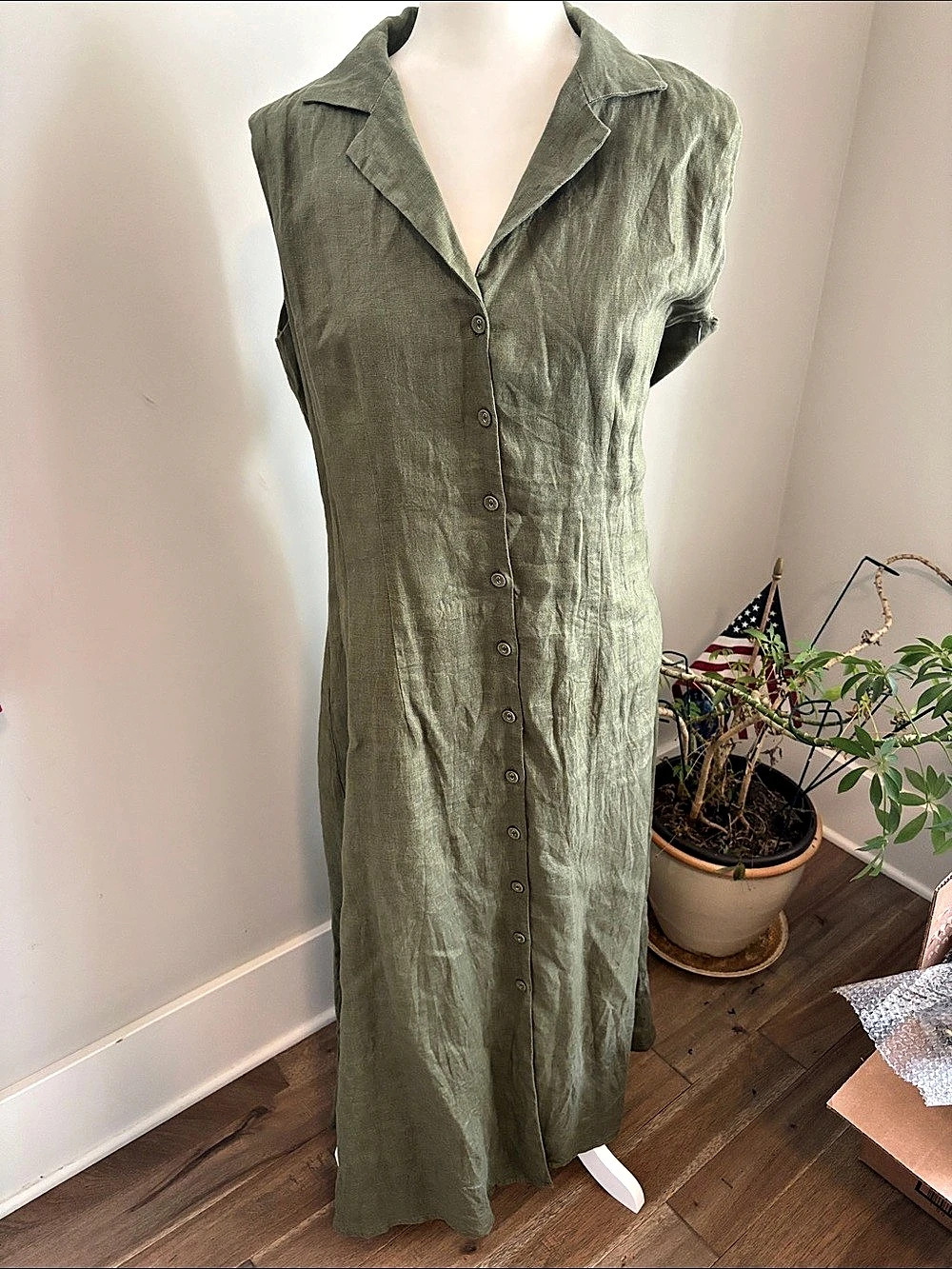 magaschoni Linen Maxi Shirt Dress in Green Size Large